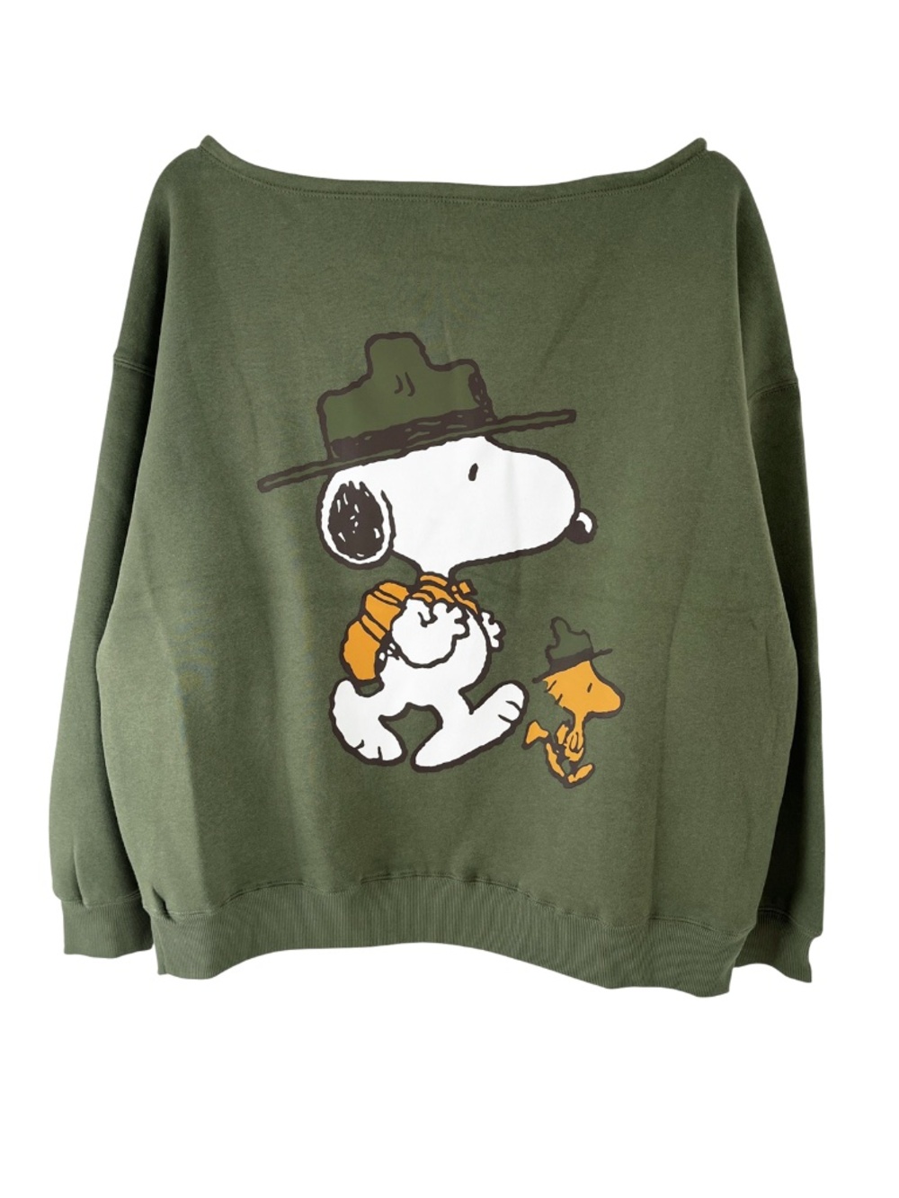 NWOT Peanuts Snoopy Women’s Sweatshirt Off The Shoulder Happy Camper Graphic - Picture 3 of 7